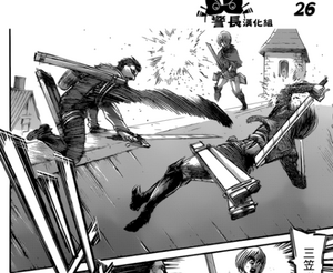 Bertolt kicks Mikasa from the building.