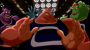 Monstars reaching for Mr. Swackhammer as they turned on him.