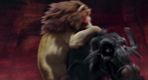 Samson leaps on Kazar's back to protect his son.