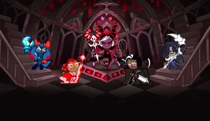 Dark Enchantress Cookie and her servants in Cookie Run: OvenBreak's Cradle of Darkness event (from left to right) Lobster Cookie, Pomegranate Cookie, Dark Enchantress Cookie, Dark Choco Cookie and Licorice Cookie.