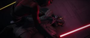 Darth Maul pinned him to the floor with one of his robotic legs.