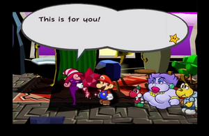 Vivian giving the Ruby Star to Mario, after defeating Doopliss....