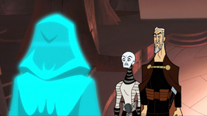 Dooku introduces Ventress to Sidious, his master.