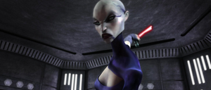 Ventress swipes away Ahsoka's lightsaber.