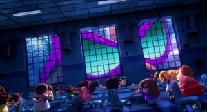 A close of to Poopypants at the school windows by scaring the children.