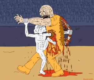 Combaticus demonstrates his strength by effortlessly ripping out a man's skeleton.