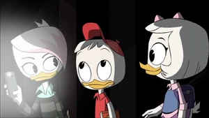 Lena, Huey, and Webby in an abandoned subway tunnel.