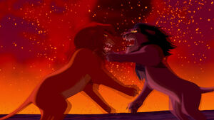 Simba and Scar fighting each other for the fate of the Pride Lands