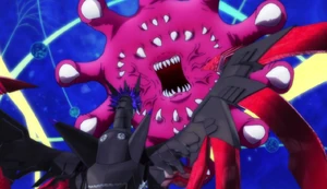 Warudamon attempting to devour Revivemon.