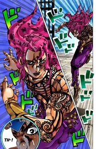 Bruno Bucciarati inside of Diavolo's body after having his soul transferred by Chariot Requiem.