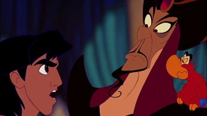 Iago watching Prince Ali confront Jafar for trying to kill him.