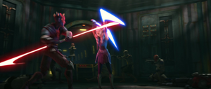 However, before they could finish talking, Rex and several other clones arrived, attacking two super commandos from behind as Maul ignited his lightsaber and attacked Tano who just barely managed to defend herself in time.