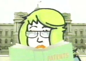 Patty reading outside the Library of Congress before she steals it