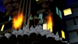 Gwen using her magic to bring down the building Vilgax was standing atop of.