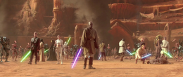 Despite the bravery of the Jedi, Dooku's droids held the upper hand, and with the last of the surviving Jedi surrounded he called a halt to the fighting.
