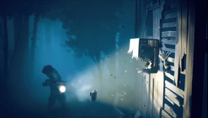 The Hunter shooting at Mono while he climbs up a barn's wall.