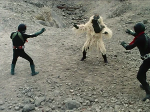 Snowman facing the two Kamen Riders.