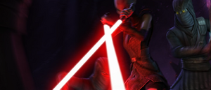 Ventress crosses her sabers in defense against the Kage warriors.