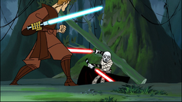 Ventress misses Anakin and strikes a tree that falls.