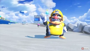 Wario in his surfing suit in the surfing event in Mario & Sonic at the Olympic Games Tokyo 2020.