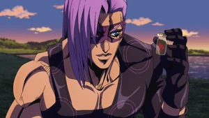 Melone collecting a sample of Bucciarati's blood.