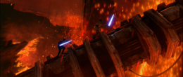 Vader and Kenobi hold on to the ramp as it descends into the river.