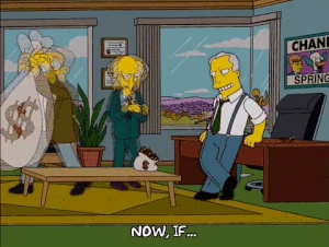 Smithers offering a sack of money to the owner of the radio station "KBBL" so that the monopoly of "Burns Media" can buy it.