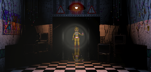 Full-body of Chica down the hall.