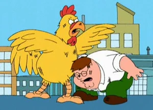 Peter fighting Ernie the Giant Chicken for the second time.