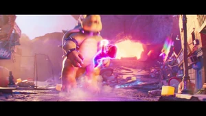 Bowser getting beat up by Mario and Luigi.