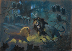 Concept art of Scar when he was originally going to be a rogue lion and be larger than Mufasa.