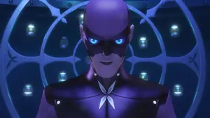 "Ladybug, Cat Noir, you'll never get the chance to deceive me again! Because Monarch's reign is about to begin!" Monarch's evil grin, now in his new costume and rising to power after having reconfigured the miraculous that he had in his possession.