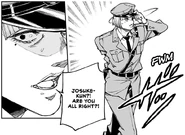 Karaiya pretending to have just arrived on the scene to help Josuke.