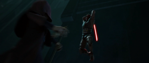 Maul jumps into the air with his saber.