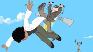 Rodrigo being knocked off the controls by an arriving Monty Monogram.