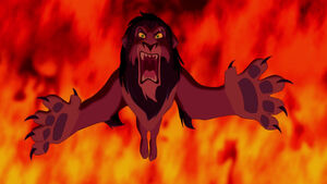 Scar roaring ferociously as he lunges at Simba.