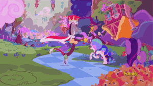 Discord chasing Celestia and Luna around in the alternate reality where he took over Equestria.
