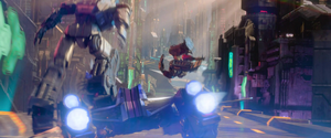Darkwing being slammed by Orion and D-16.