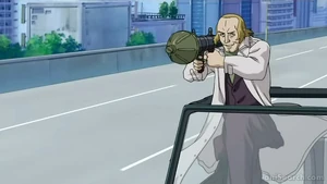 Gates pointing an RPG-7 to a barricade of police officers.