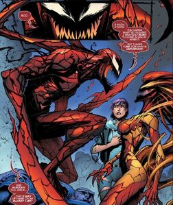 Andrea Benton (Earth-616), Patricia Robertson (Earth-616), Scream (Klyntar) (Earth-616), and Cletus Kasady (Earth-616) from Absolute CarnageScream Vol 1 3 0001