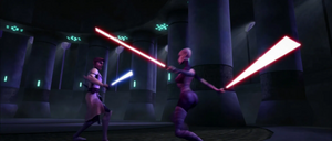 Obi-Wan backs away from Asajj's blades.