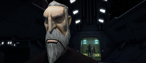 Tactical droid TX-20 interrupts Dooku's mediation.