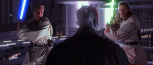 Obi-Wan and Qui-Gon jump onto the platform where Maul is standing