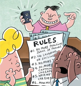 Mr. Krupp blackmailing George and Harold into becoming his slaves.