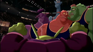 Monstars feeling ashamed as Mr. Swackhammer furiously berates them for losing the game.