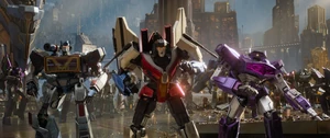 Starscream, Shockwave and Soundwave seeing Optimus manifesting his Energon Axe while he fought against Megatron.