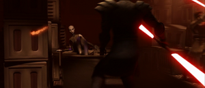 Ventress kicks a crate at Opress blocking his path.