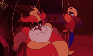 Iago having been ordered by Jafar to stop torturing the Sultan after Jasmine begs for her father to be left alone.