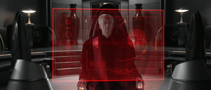 Palpatine looking at the Death Star plans.