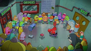 Mr. Krabs and the Bikini Bottom citizens confront Plankton.